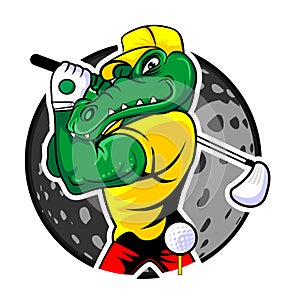 a crocodile in yellow clothes playing golf