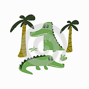 Crocodiles among the palms. Vector illustration in cartoon style. Isolated over white background