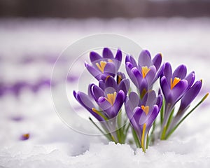 Crocus bulb blooming in snow, first spring flower. Generative AI