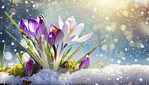 Crocus flowers in snow. First spring flowers blossom.