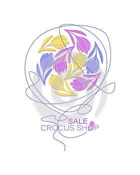Crocus and saffron flowers. Sale. Vector emblem, logo. Crocus store. Spring colorful flowers