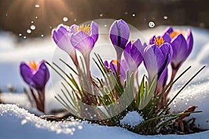 Crocus spring flower Growth In The Snow. Beautiful Floral wide panorama. Purple Crocus Iridaceae