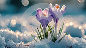 Crocuses open amidst snow patches, close-up, anticipation of spring, nature awakens