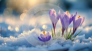 Crocuses open amidst snow patches, close-up, anticipation of spring, nature awakens