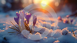 Crocuses open amidst snow patches, close-up, anticipation of spring, nature awakens