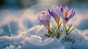 Crocuses open amidst snow patches, close-up, anticipation of spring, nature awakens