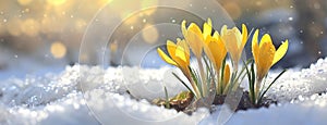 Crocuses push through snow, heralding spring's arrival despite winter remnants. Golden petals contrast the