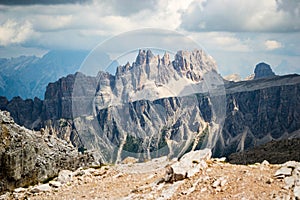 Croda da Lago, a scenic mountain ridge in Dolomites, just before a storm, as seen from Averau peak