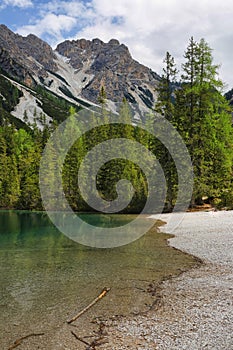 Croda del Becco mountain and Lago di Braies. Dolomites, northern Italy, Europe