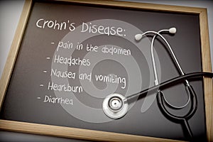 Crohn`s disease can have these symptoms diarrhea, Headaches, Heartburn, Nausea and vomiting, Pain in the abdomen photo