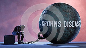 Crohns disease and an alienated suffering human. A metaphor showing Crohns disease as a huge prisoner's ball bringing pa photo