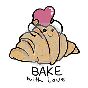 Croissant bake with love cartoon illustration