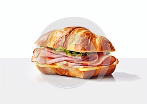 Croissant bun with ham and cheese sandwich on white background.Macro.AI Generative