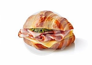 Croissant bun with ham and cheese sandwich on white background.Macro.AI Generative