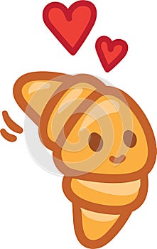 Croissant cartoon character doodle showing some love with flying hearts. Perfect croissant love mascot for your bakery