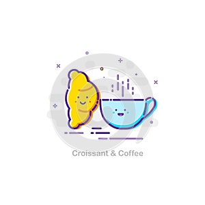 Croissant and coffee concept in mbe design style. Vector flat illustration.