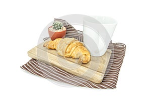 Croissant and coffee on wooden Isolated on white background