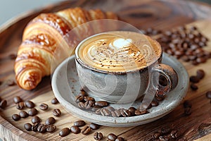 A croissant and coffee on a wooden tray with coffee beans