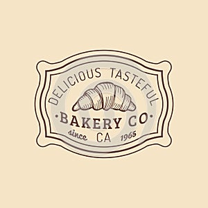 Croissant logo. Vintage bakery icon.Retro emblem of sweet cookie.Hipster pastry label.Biscuit sign. Desert illustration.