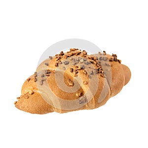 Croissant with nuts, Traditional French breakfast. One puff pastry peanut bagel isolated on white background. Sweet