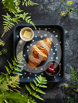 Croissant on Plate With Butter and Ketchup