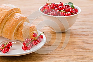 croissant and red currant in a white bowl/croissant and red currant in a white bowl on a wooden table. With copy space