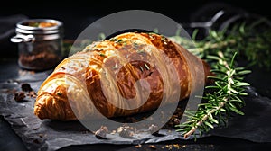 Delicate Herb-infused Croissant On A Black Surface photo