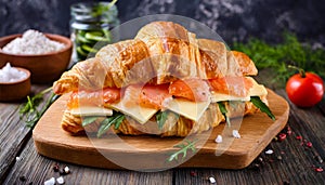 Croissant sandwich with cheese, salmon and arugula on wooden board, table background with ingredients, close up