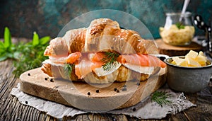 Croissant sandwich with cheese, salmon and dill on wooden board, table with ingredients, close up