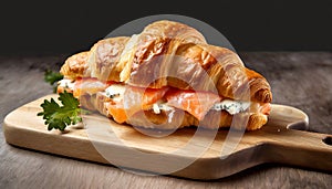 Croissant sandwich with cheese and salmon on wooden board, close up. Healthy breakfast concept