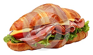 Croissant sandwich with ham and cheese isolated on transparent background.