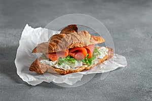 Croissant sandwich with salmon close-up on a gray concrete background. Selective focus, side view.