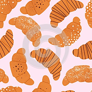 Croissant seamless pattern. French bakery morning background with cute flat hand drawn buns.