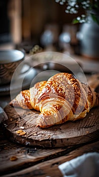 A croissant on a wooden cutting board