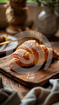 A croissant on a wooden cutting board