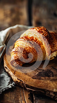 A croissant on a wooden cutting board