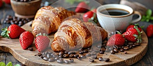 Croissants, Coffee, Strawberries on Cutting Board