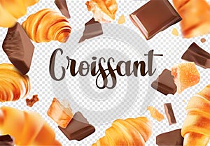 Croissants and pieces of chocolate on a transparent background.