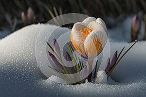 Crokus flowers in snow