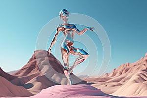 Crome robot woman dancing in the desert. Artificial intelligence rise and shiny. Mechanical beauty. Generated AI.