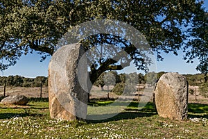 Cromleque de Vale Maria do Meio megalithic landmark in Evora, Portugal photo