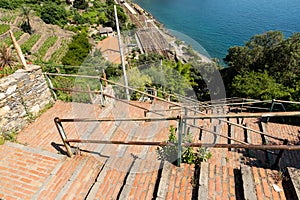 Croniglia, Cinque Terre, Liguria, Italy. June 2020. The long staircase that leads from the level of the railway station to the