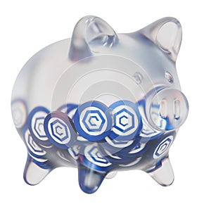 Cronos (CRO) Clear Glass piggy bank with decreasing piles of crypto coins.