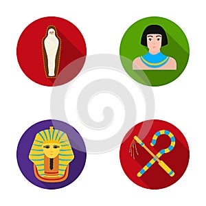Crook and flail,a golden mask, an egyptian, a mummy in a tomb.Ancient Egypt set collection icons in flat style vector