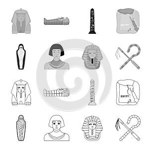 Crook and flail,a golden mask, an egyptian, a mummy in a tomb.Ancient Egypt set collection icons in outline,monochrome