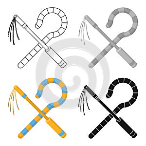 Crook and flail icon in cartoon style isolated on white background. Ancient Egypt symbol stock vector illustration.