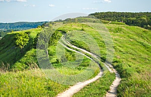 A crooked country road going up a hill covered with green grass