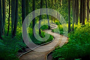 crooked duckboards path in forest among tall green trees