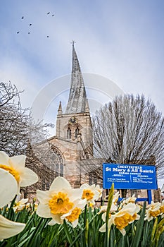 The Crooked Spire Church of St Marys and all saint Chesterfield market town Derbyshire spring summer day famous twisted steeple