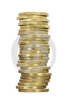 Crooked Stack of Shiny Gold Coins Isolated on White